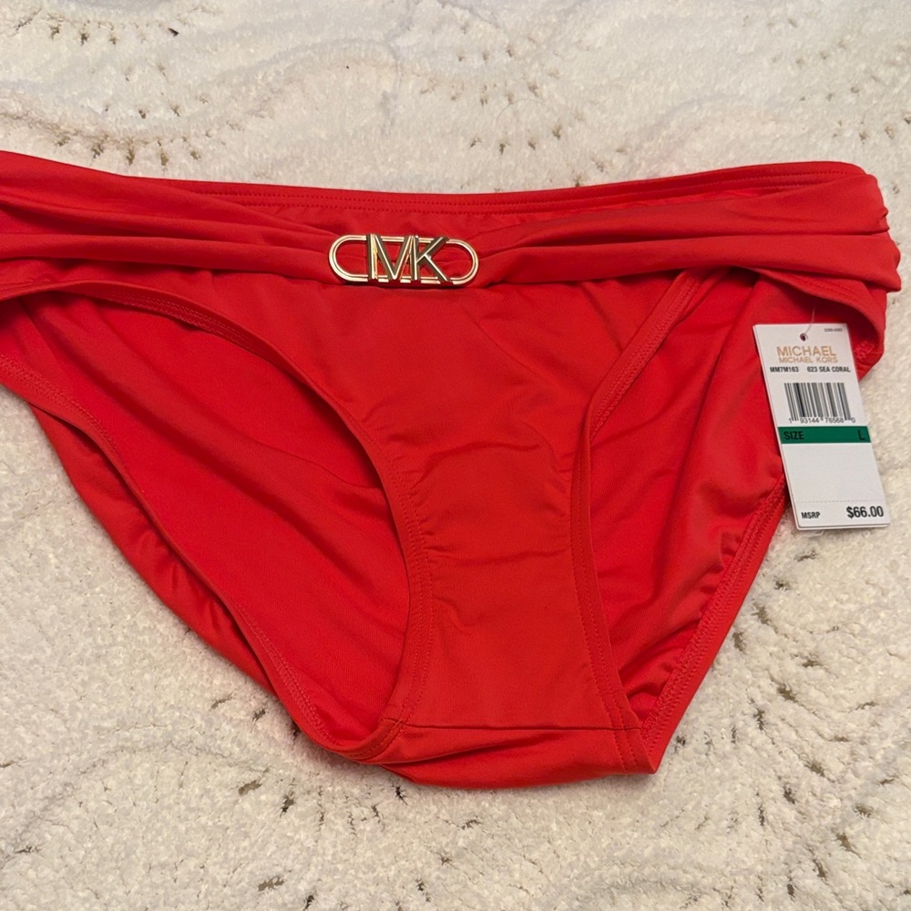 Michael Kors Red Bikini Bottom with Gold MK Accent